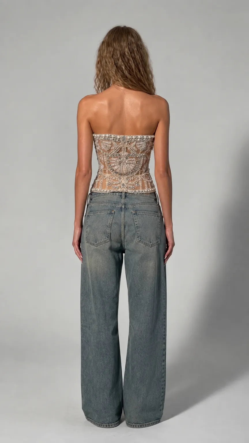 Pearl & Rhinestone Embellished Strapless Corset Top with Beaded Fringe Hem