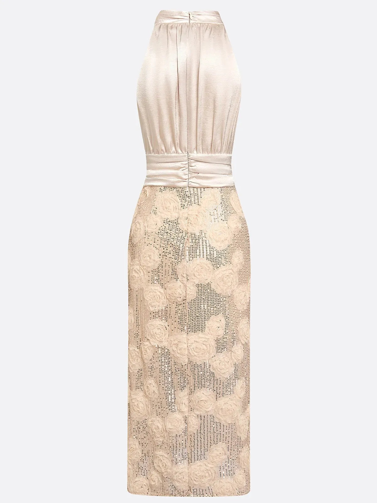 Champagne 3D Floral Glitter Classic Mock Neck Sleeveless Midi Dress