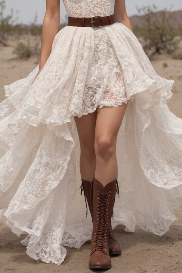 Bohemian Swing Lace Dress White Strapless Belted Maxi Dress