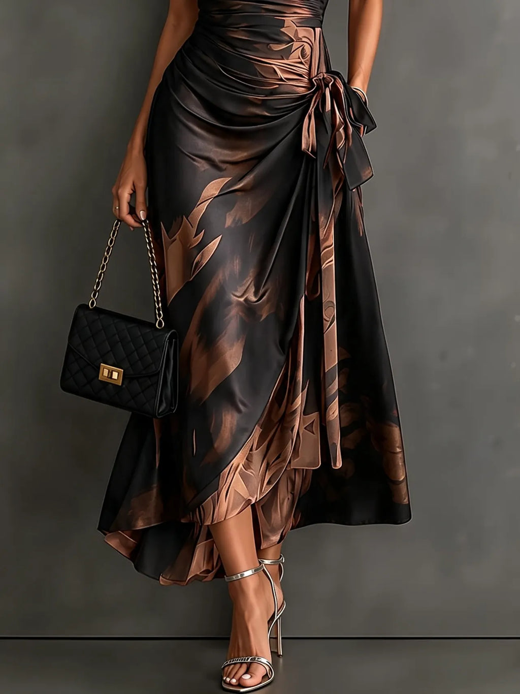 Brown Black Abstract Print Wrap Midi Dress Collared V Neck Short Sleeve Tie Waist Ruffled High‐Low Hem Dress