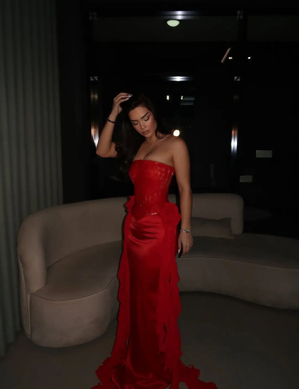 Cocoslly Strapless Sleeveless High Waist Long Mermaid Prom Dress With Train | Red Satin CO0028