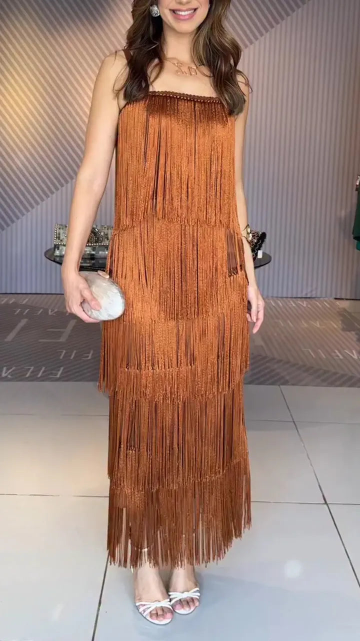 Women Spaghetti Strap Patchwork Tassel Elegant Temperament Dress