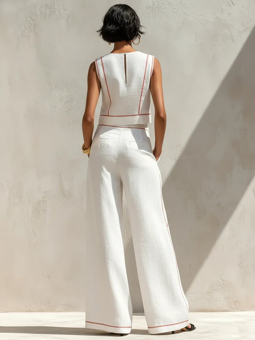 Women's Minimalist Linen-Blend Contrast-Stitched Blouse & Wide-Leg Pants Set MDZ1599E9Y