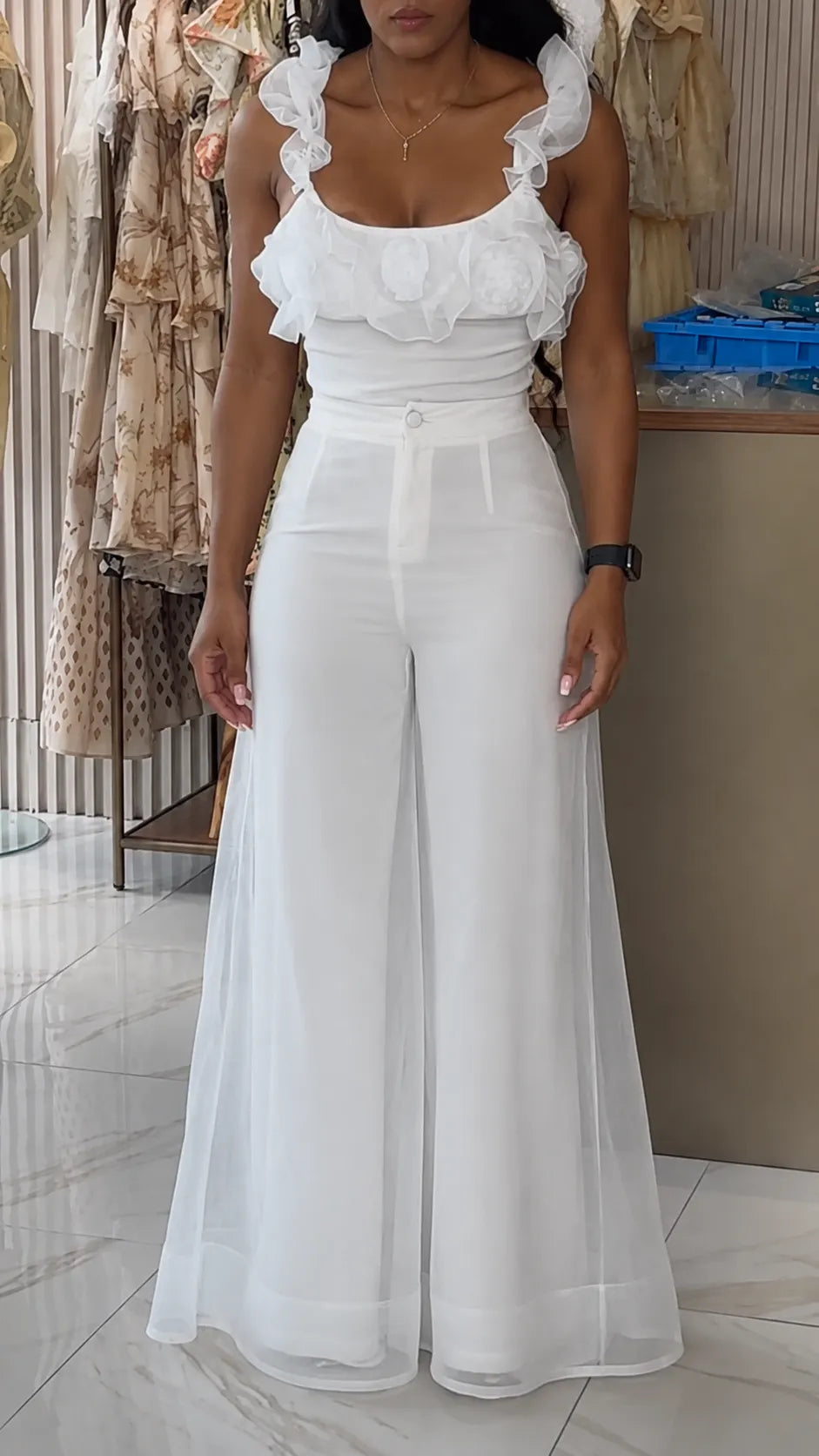 White Chiffon High Waist Wide Leg Pants