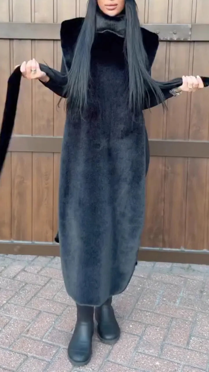 Black Plush-Look High-Neck Belted Long Vest