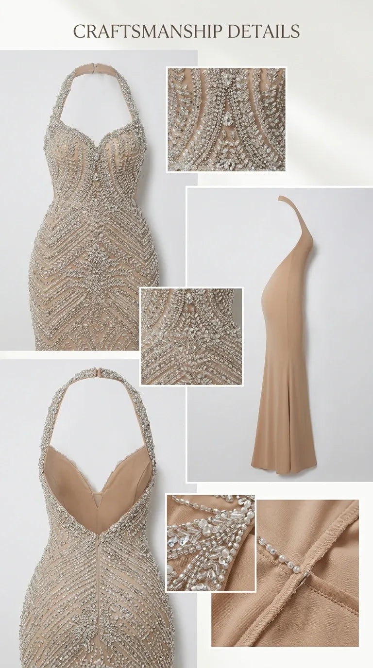 Embellished Halter Neck Backless Mermaid Evening Gown