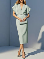 Black Slit Classic V Neck Short Sleeve Dolman Sleeve Sheath Midi Dress With Belt