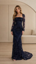 Square Neck Long Sleeve Sequin Embroidered Mermaid Evening Gown with Train