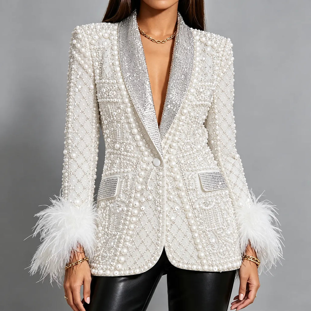 Pearl-Embellished Rhinestone-Lapel Feather-Cuff Blazer