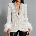 Pearl-Embellished Rhinestone-Lapel Feather-Cuff Blazer