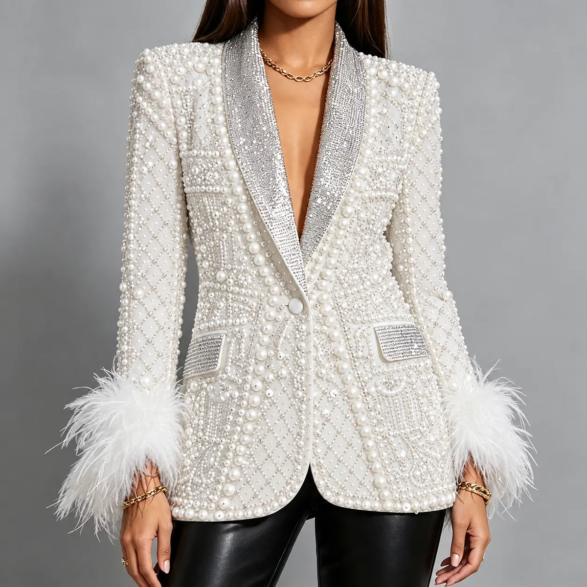 Pearl-Embellished Rhinestone-Lapel Feather-Cuff Blazer