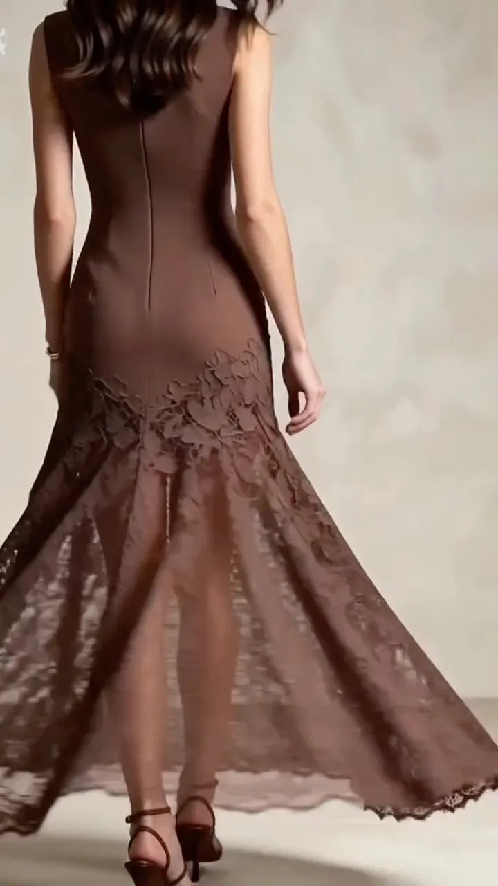 Knit Lace Panel Sleeveless Maxi Dress