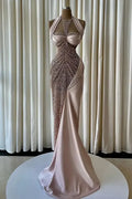 Cocoslly Halter Sleeveless High Waist Long Mermaid Prom Dress With Beading Pearls | Blush Champagne Satin JZ0163