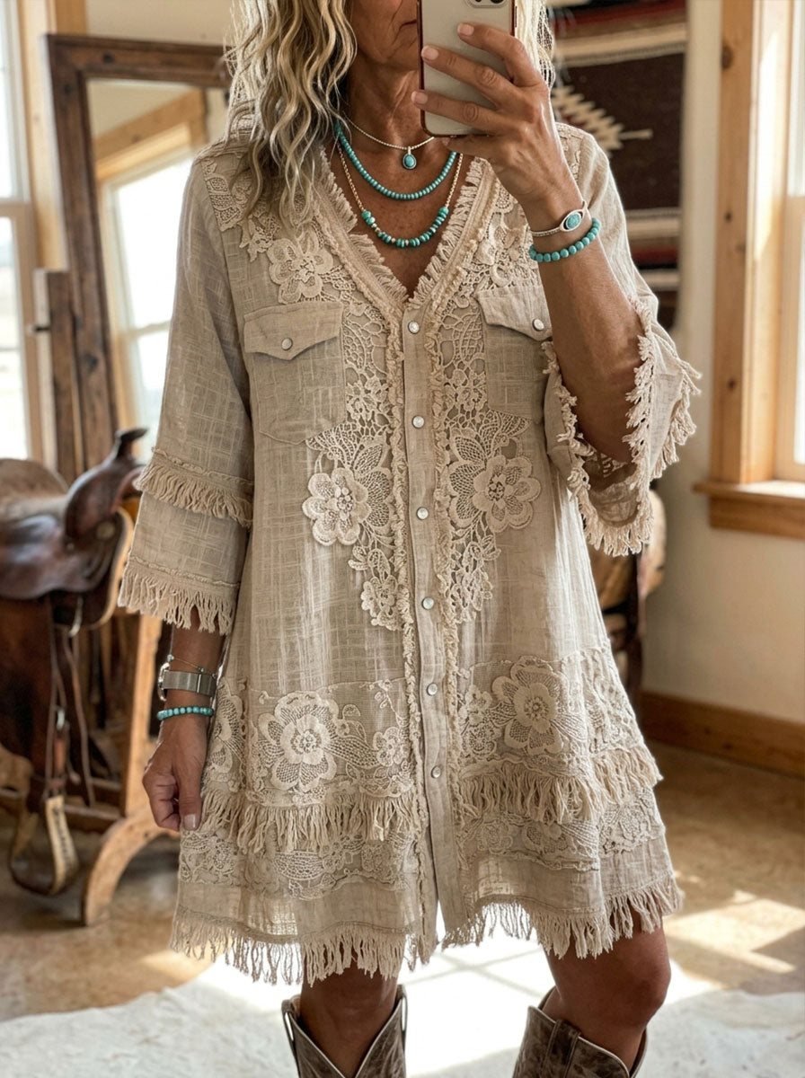 Women's Vintage Floral Art Print Tassel Patchwork Casual Dress