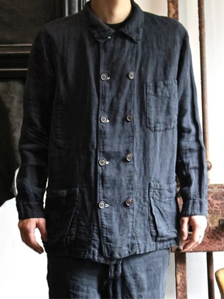 Men's Vintage Double Breasted Linen Blend Shirt