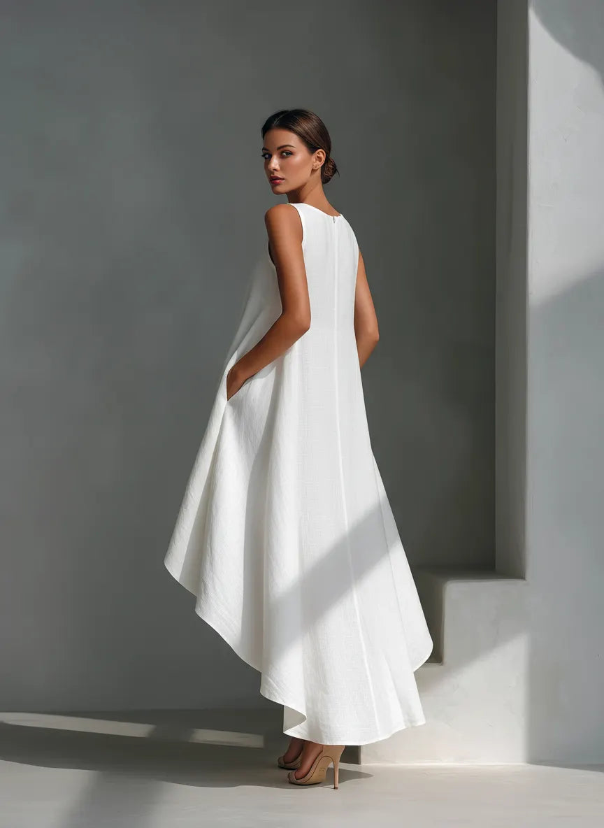 Women's White Linen Fabric Sleeveless Midi Dress With Round Neck
