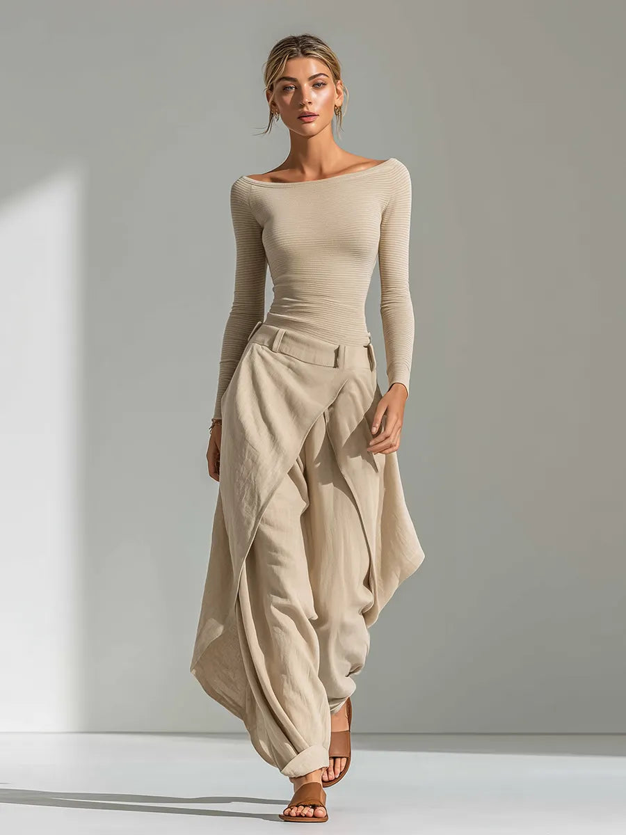 Women's Beige Ribbed Knit & Linen Two-Piece Set WithBoat Neck Top & Wrap Overlay Wide Leg Pants, Minimalist Neutral Resort Outfit MDZ2322F9LYL