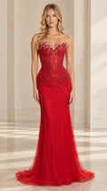 Strapless Beaded Corset Mermaid Evening Gown with Lace-Up Back