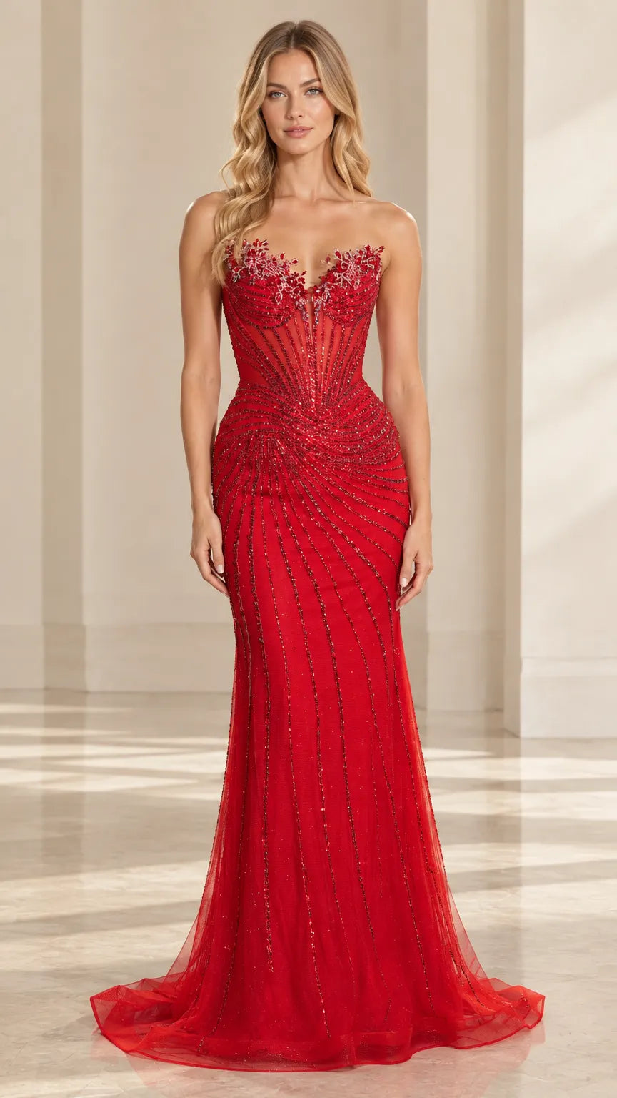 Strapless Beaded Corset Mermaid Evening Gown with Lace-Up Back