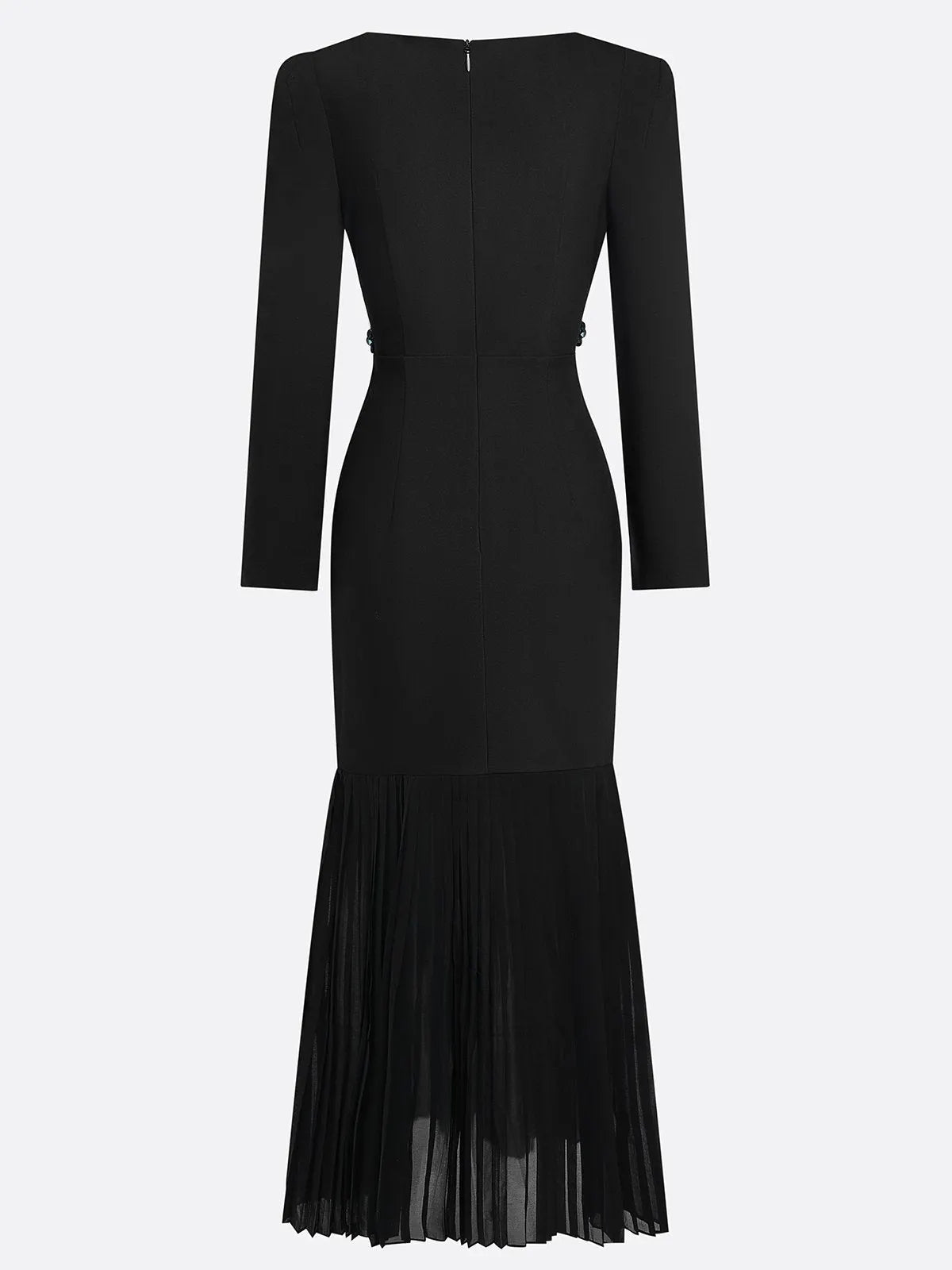 Black Pleated 3D Floral Classic Boat Neck Long Sleeve Mermaid Maxi Dress