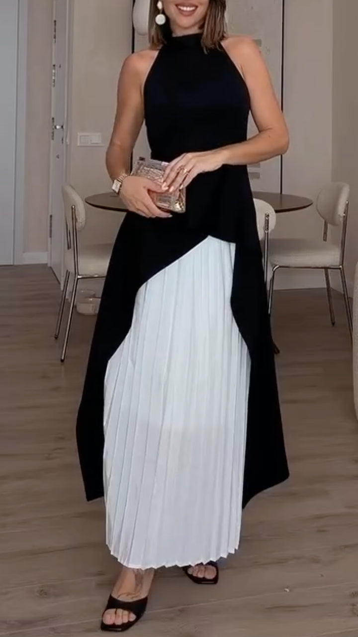 Black and White Asymmetric Pleated Maxi Dress