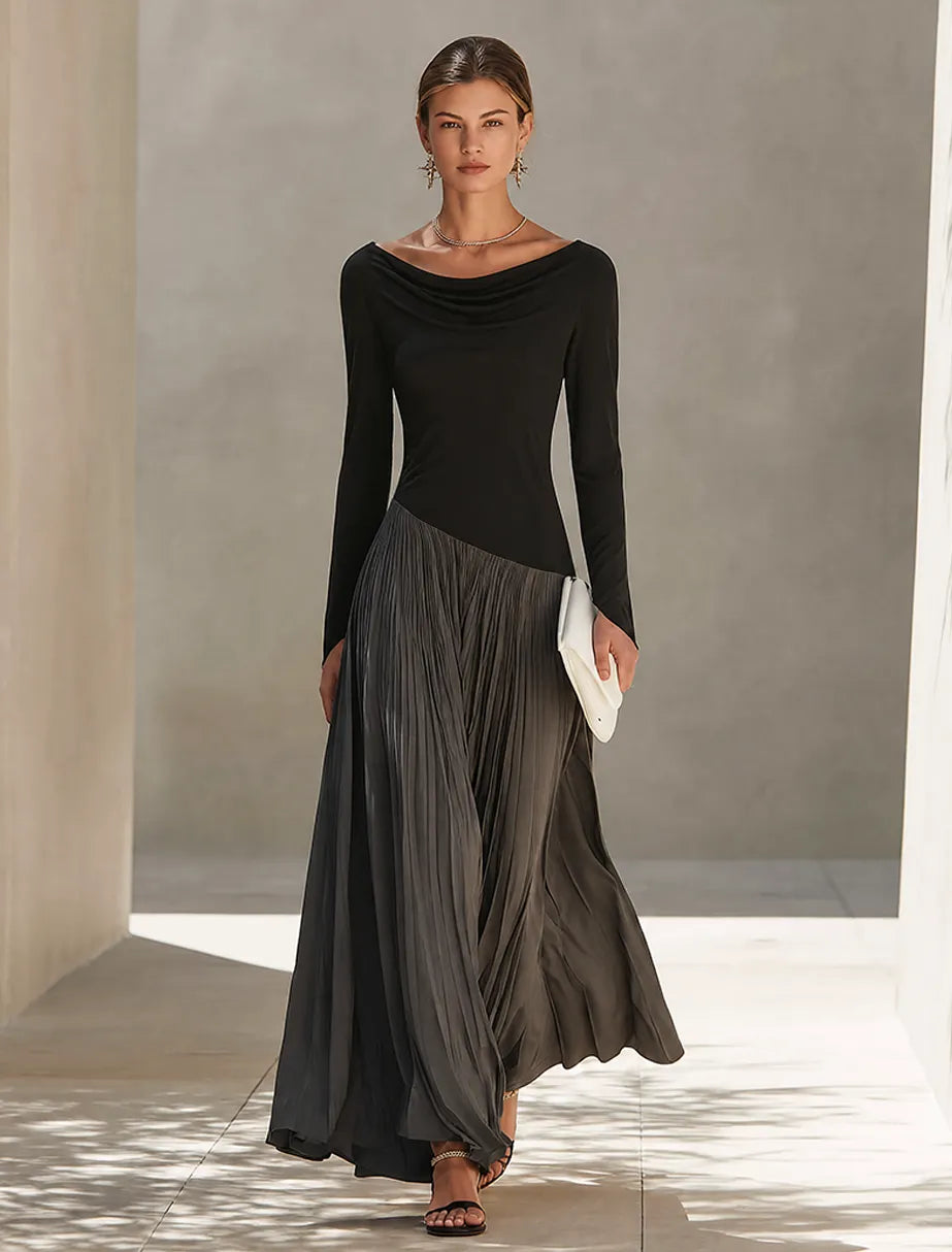 Women's Minimalist Two-Tone Color-Block Maxi Dress With Drape Neckline