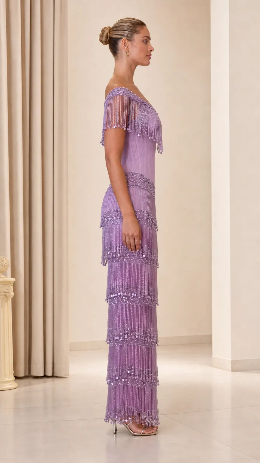 One-Shoulder Beaded Fringe Corset Evening Gown