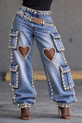 Crystal Heart-Cutout Layered-Waist Cargo Jeans