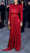 Satin Long Sleeve Draped Waist Maxi Gown