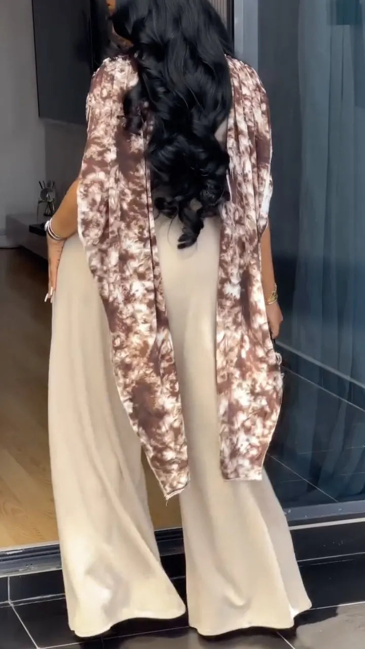 Abstract Print Draped Cape Top & Solid Wide Leg Pants Two Piece Set