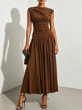 Brown Ruched Knit Boat Neck Cap Sleeve A-Line Maxi Dress