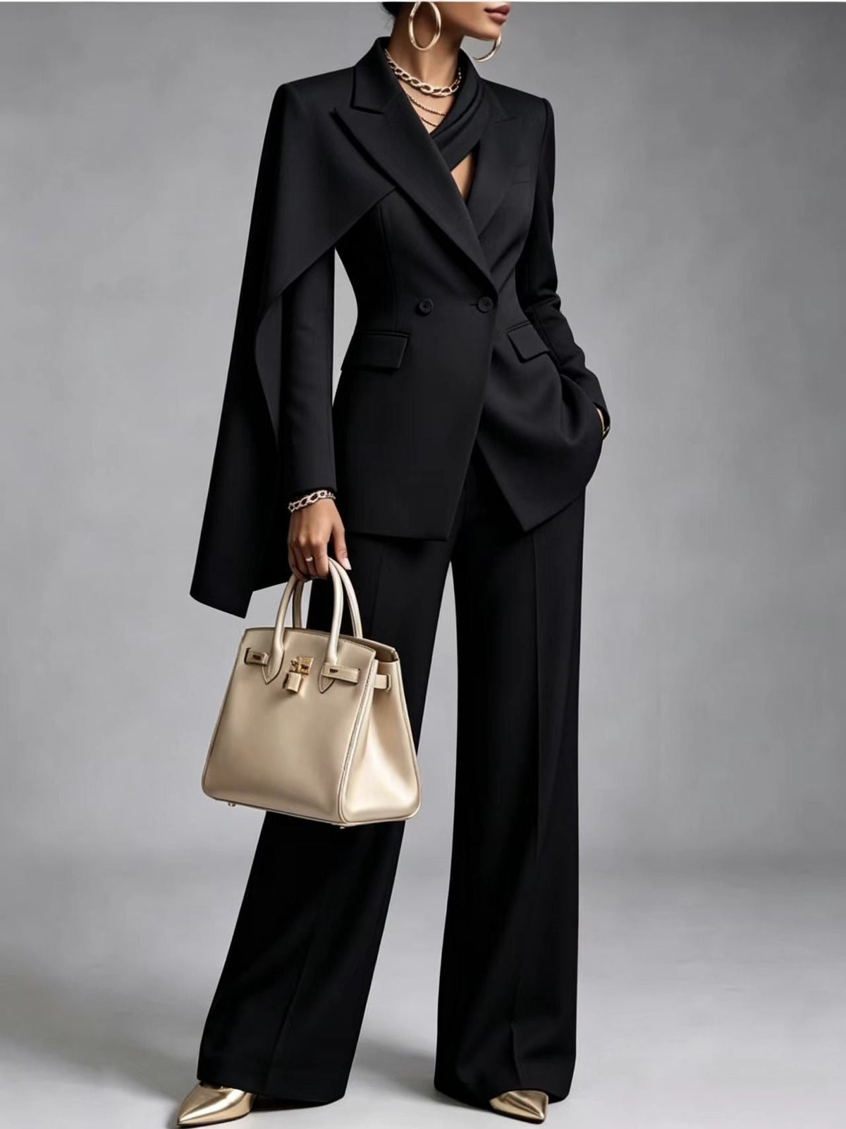 🤲LAST DAY SAVE 49% ⏰Women’s Chic 2-Piece Suit Set – Asymmetric Cape Blazer & Wide-Leg Pants— FREE Handbag