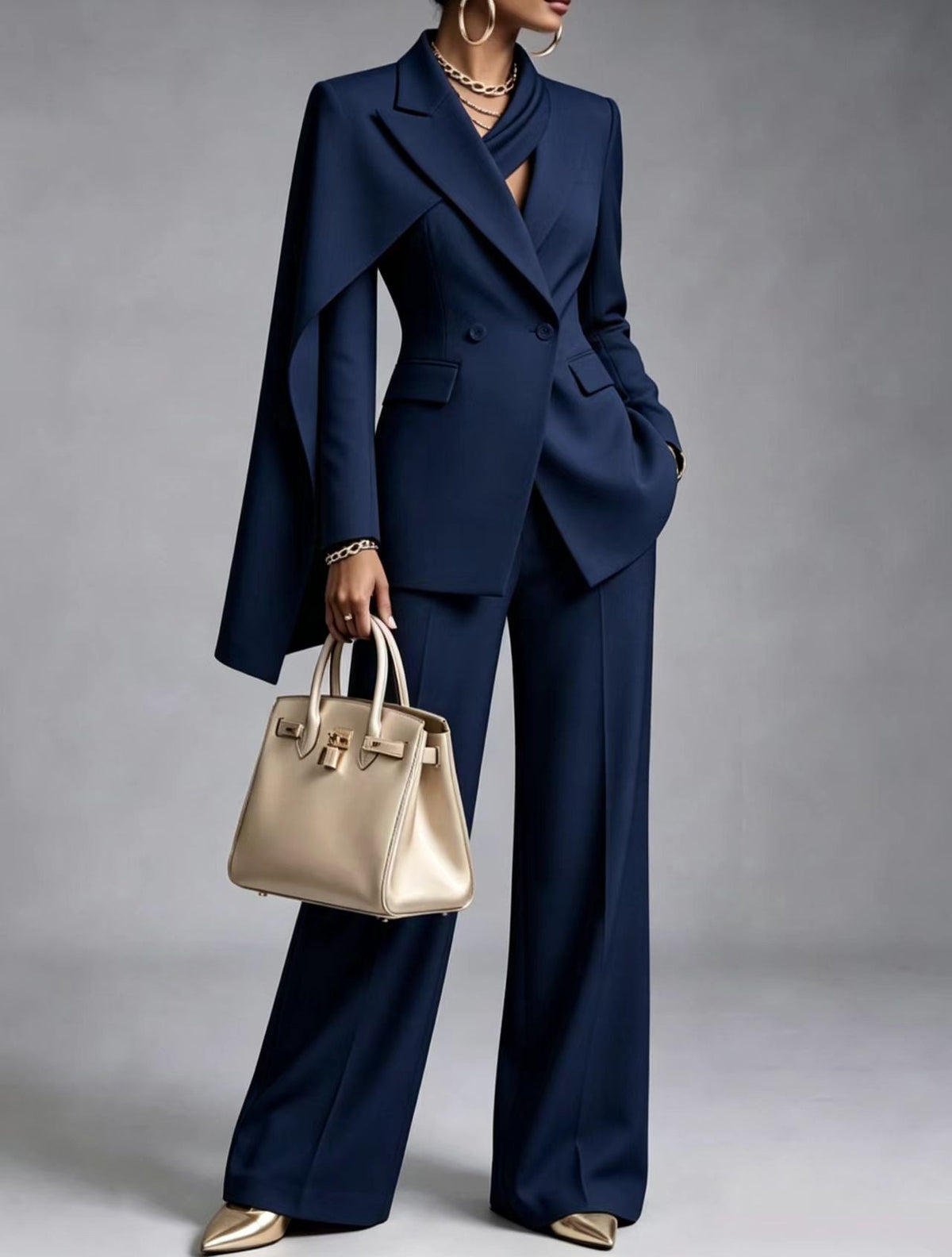 🤲LAST DAY SAVE 49% ⏰Women’s Chic 2-Piece Suit Set – Asymmetric Cape Blazer & Wide-Leg Pants— FREE Handbag
