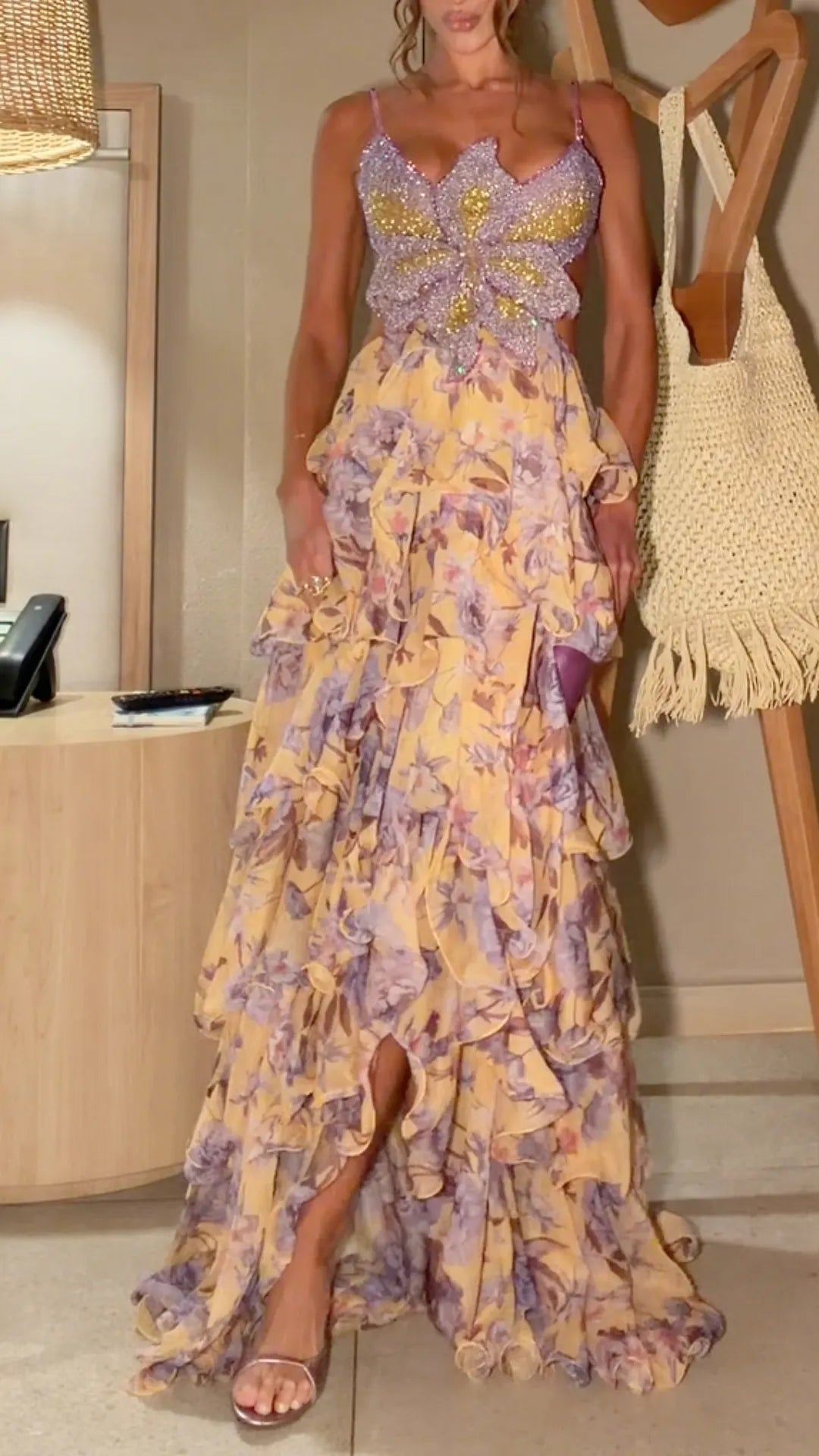 Butterfly Beaded Spaghetti Strap Floral Ruffle Maxi Dress