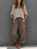 Casual & Cozy Two-piece Set: Waffle-knit Cotton Top And Cotton Cargo Pants