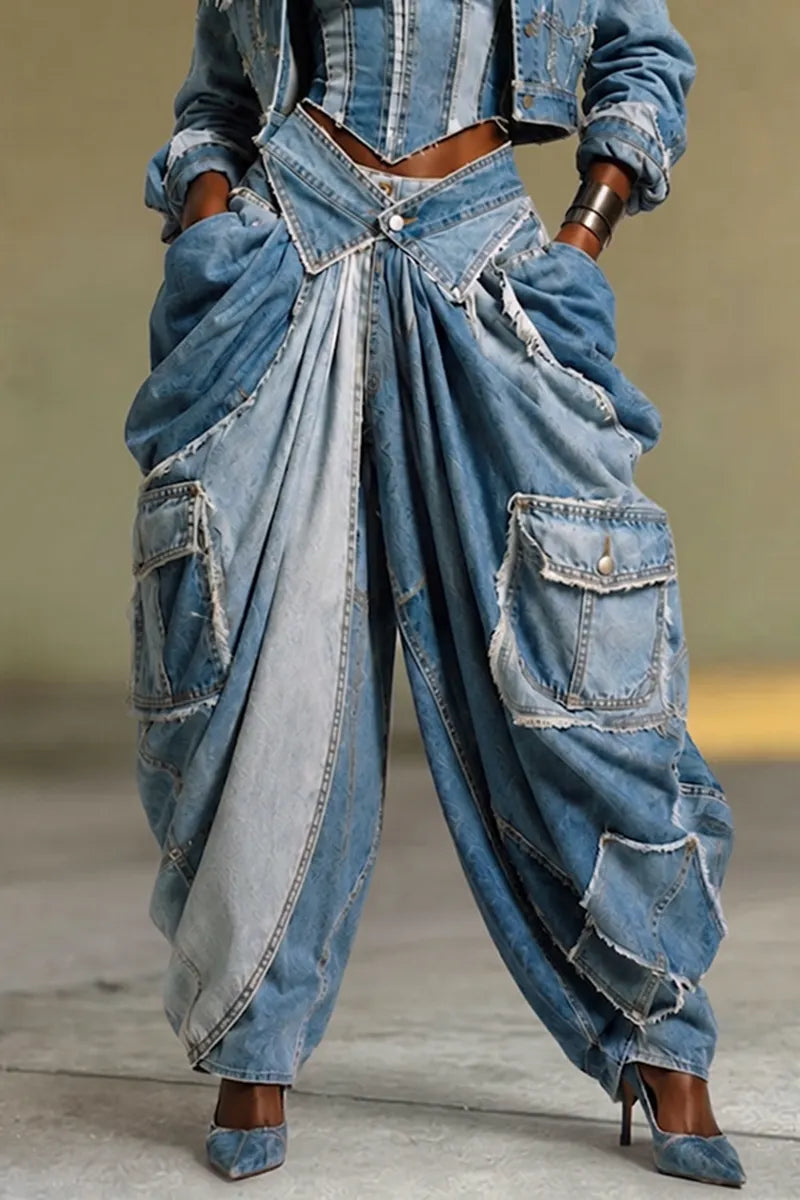 Women's Fashion Wide Shoulder Denim Jacket or Patchwork Strapless or Loose Pleated Jeans