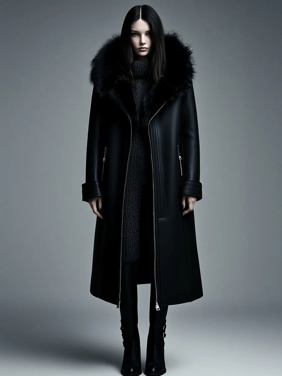 Women Fur Trim Warm Lined Hooded Eco Leather Trench Coat
