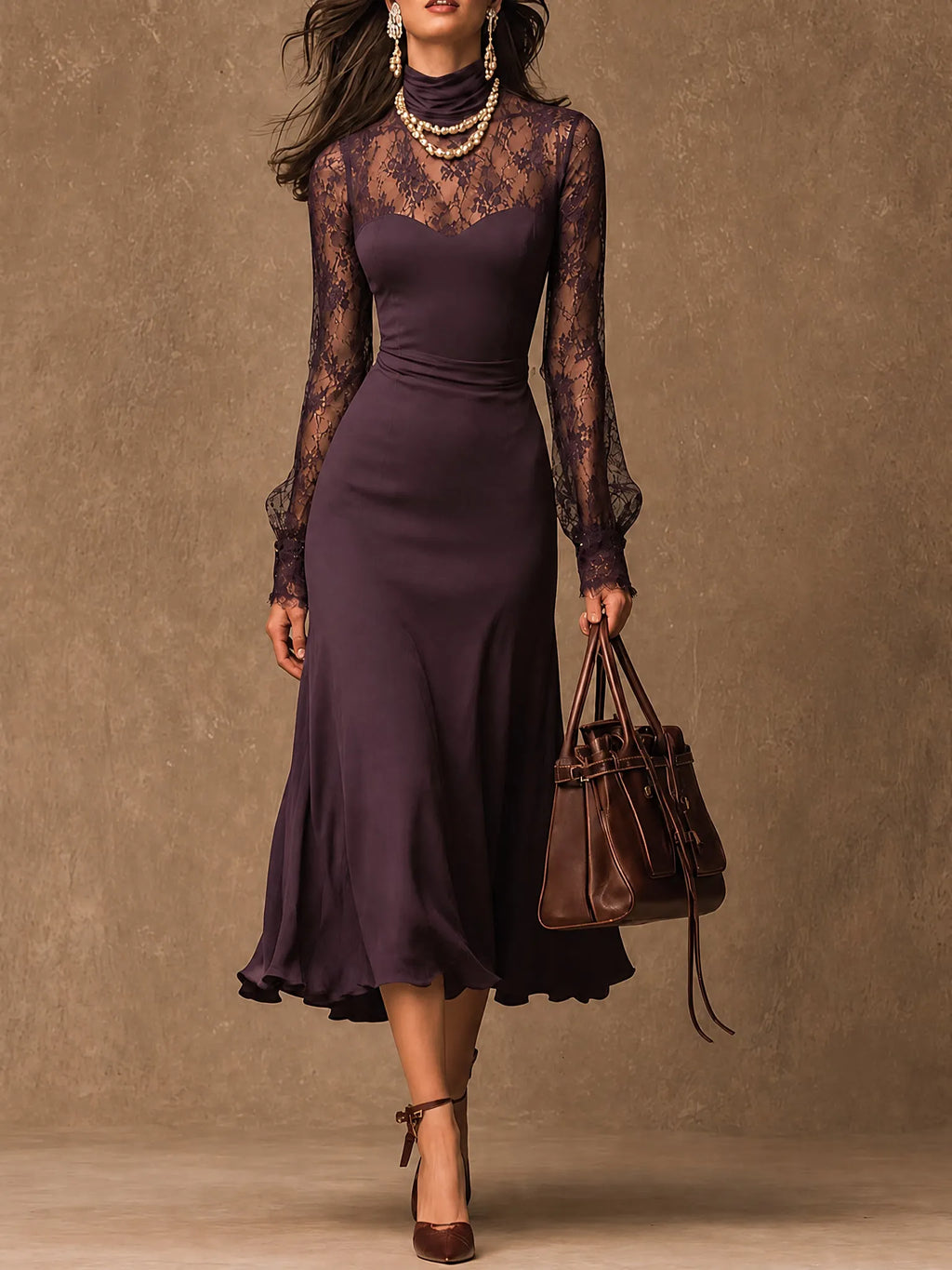 Elegant Purple Matte satin Lace Long Sleeve Bodycon Midi Dress