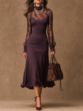 Elegant Purple Matte satin Lace Long Sleeve Bodycon Midi Dress