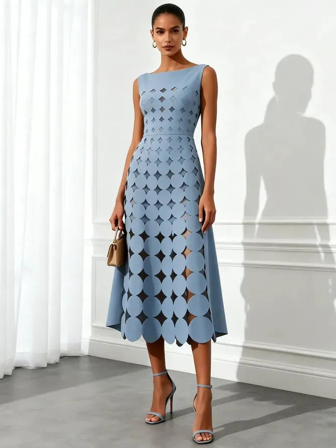 Blue Devore Classic Boat Neck Sleeveless A-Line Midi Dress