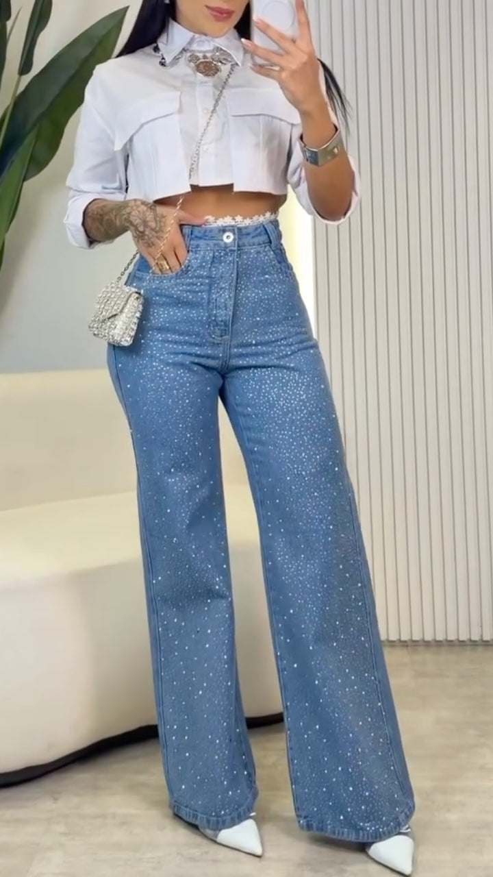 Cropped Shirt & Crystal Wide-Leg Jeans Set