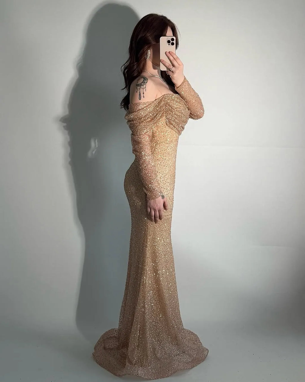 Glamorous  Champagne Off-The-Shoulder Long Sleeves Pleated Mermaid Prom Dress YK0262