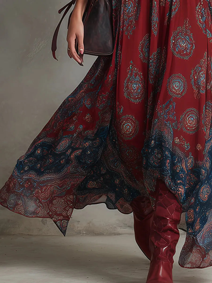 Retro Ethnic Bohemian Print Chiffon Sleeveless Maxi Dress