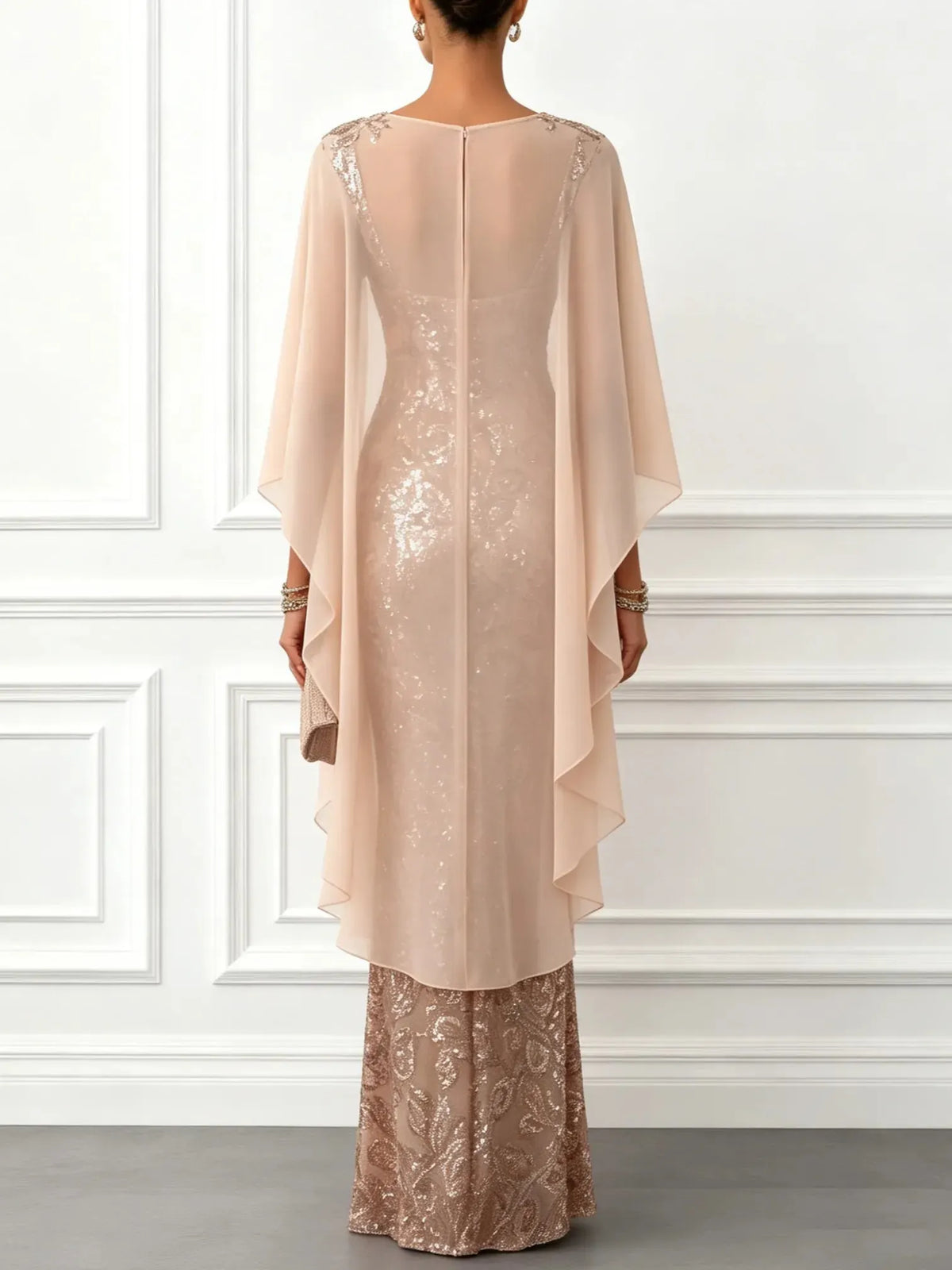 Champagne Glitter Sequin Crew Neck Cap Sleeve Sheath Floor-length Gown Dress