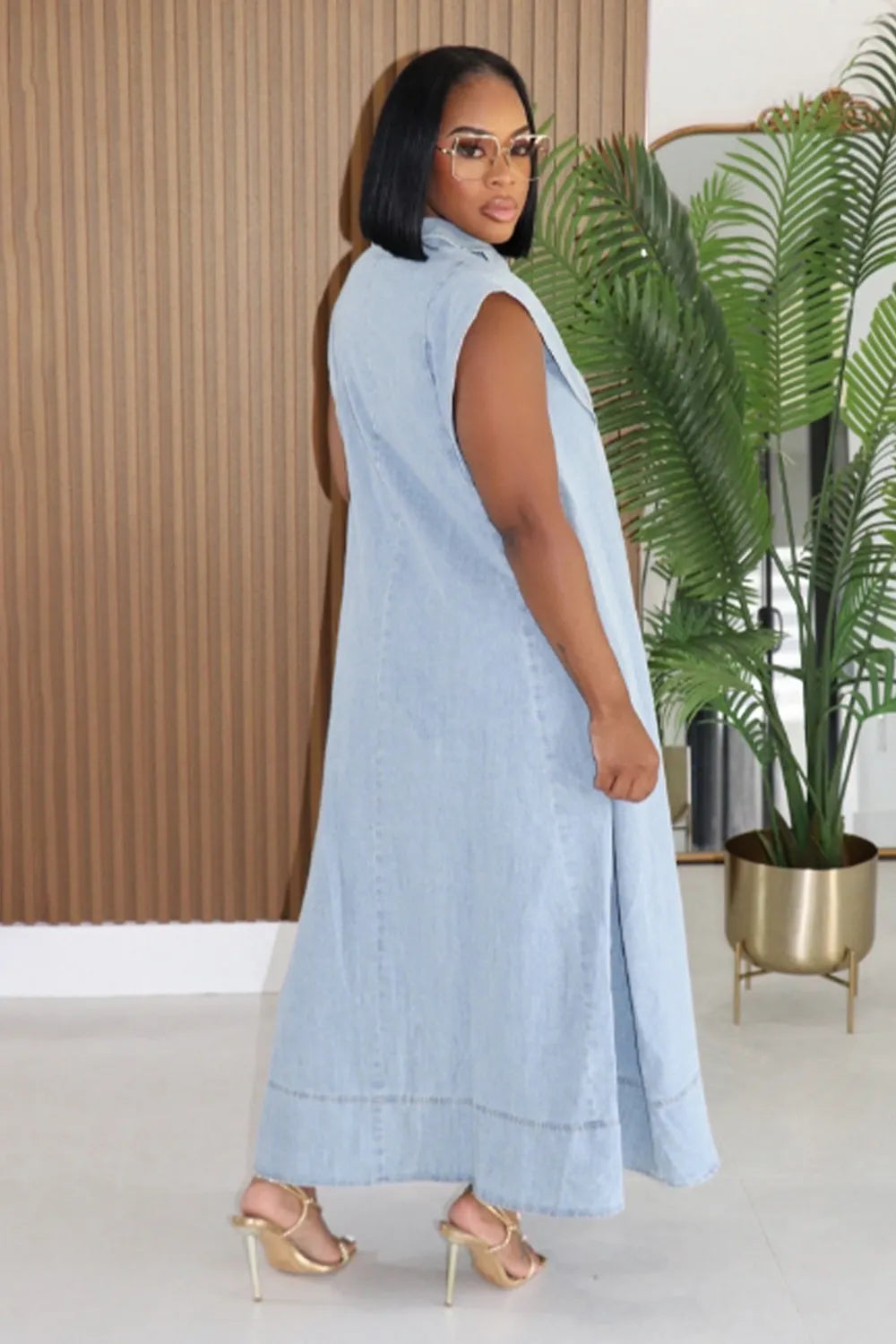 Denim Shirt Collar Cap Sleeve Slant Pocket Loose Casual Maxi Dresses-Blue