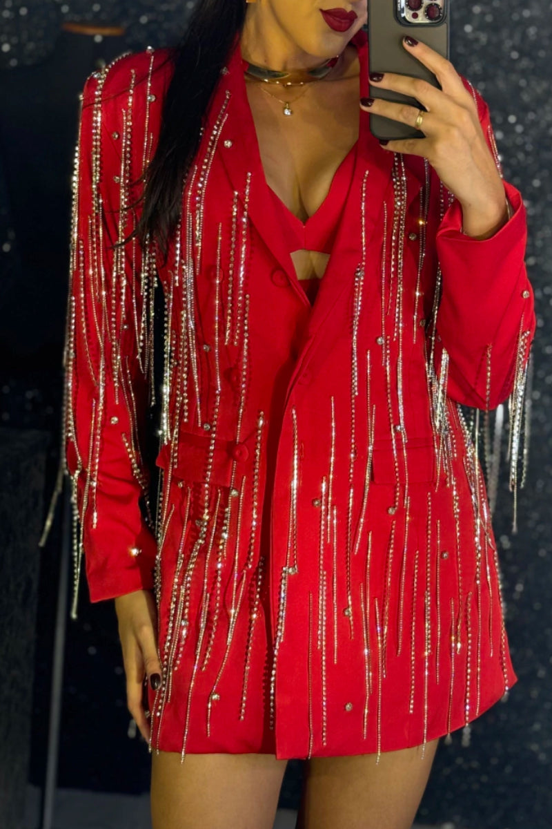 Red Blazer Jacket With Sparkling Rhinestone Fringe