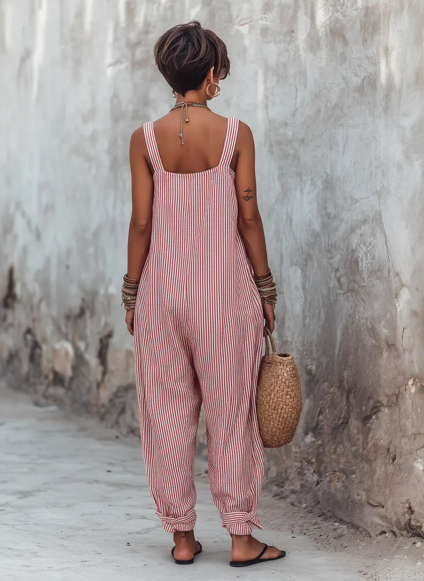 Women's Minimalist Striped Loose-Fit Square-Neck Sleeveless Jumpsuit MDZ1052D7Y
