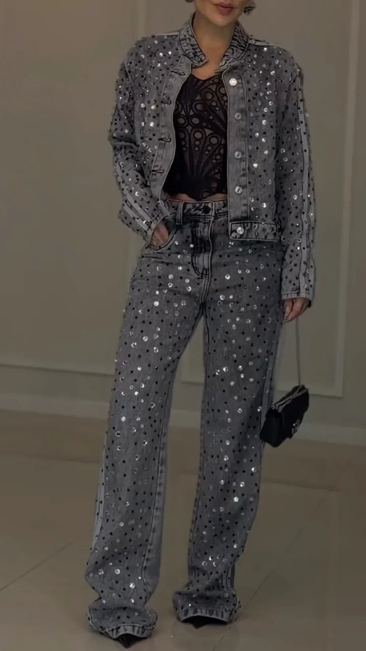 Denim Rhinestone Jacket And Jeans Two‑Piece Set