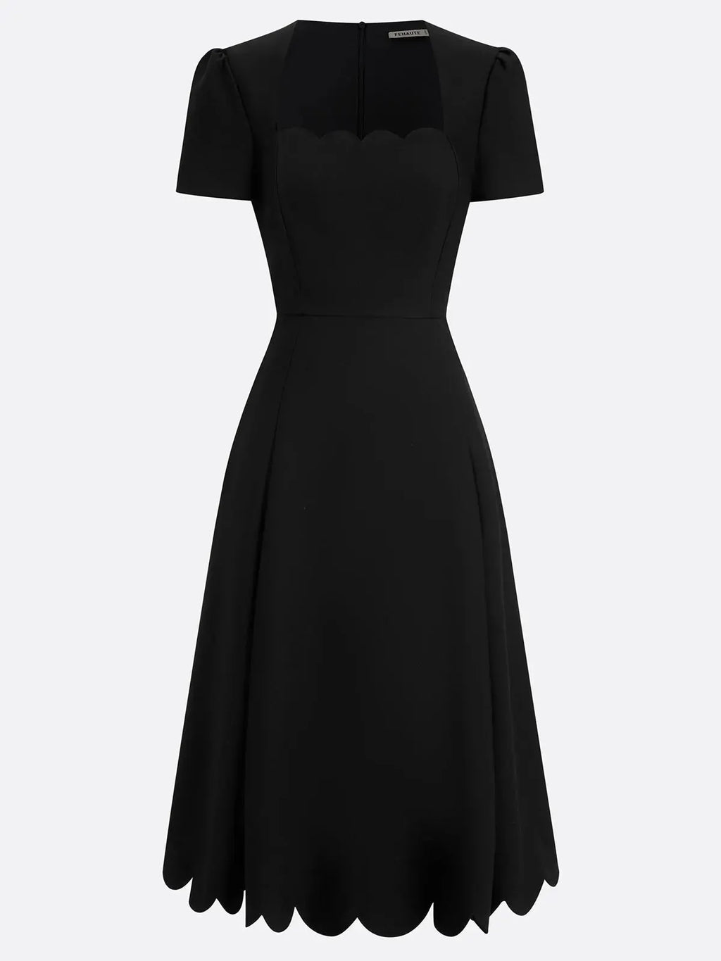 Black Asymmetric Classic Scalloped Square Neck Short Sleeve A-Line Midi Dress