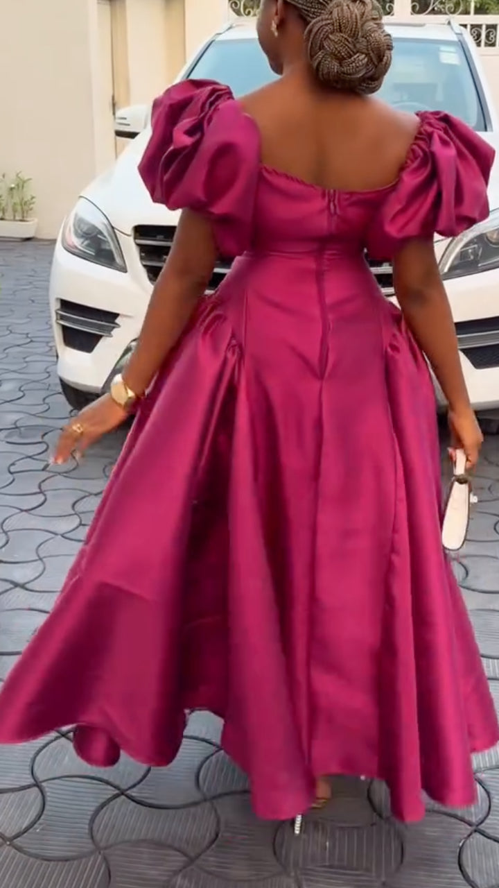 Magenta Satin Puff Sleeve Midi Evening Dress